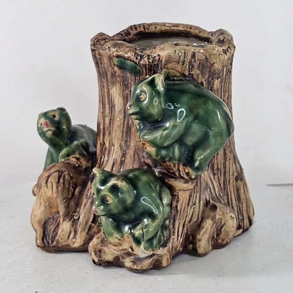 Vintage Majolica Style Bear Tree Trunk Planter Vase Green Brown Glaze - Picture 7 of 9